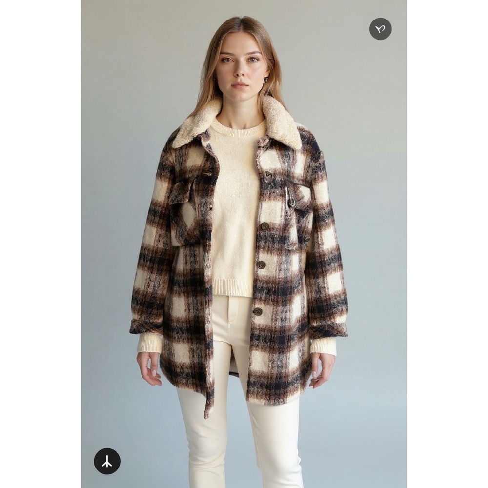 Vince Camuto Plaid‎ Plus Size XXL Longline Shacket Brown Cream Shearling Collar